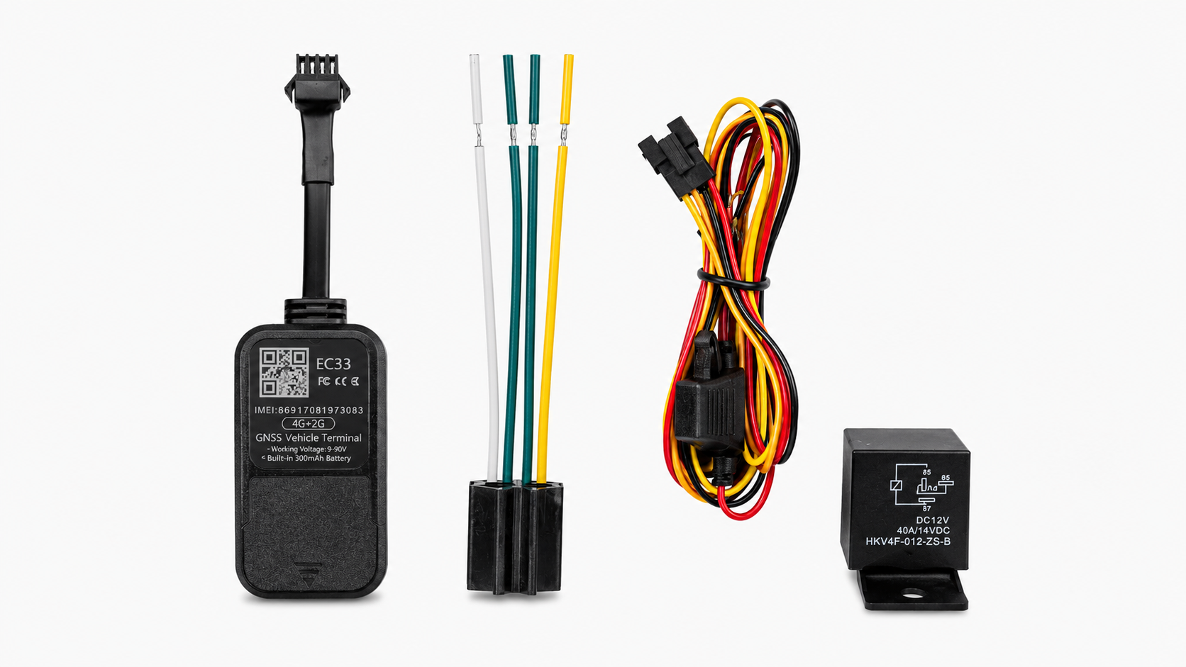 Set of electronic components including a black device with connectors, a cable with colored wires, and a small black box on a white background.