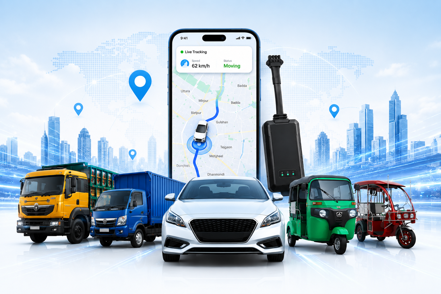 Smartphone with GPS tracking app displayed, surrounded by various vehicles on a cityscape background.