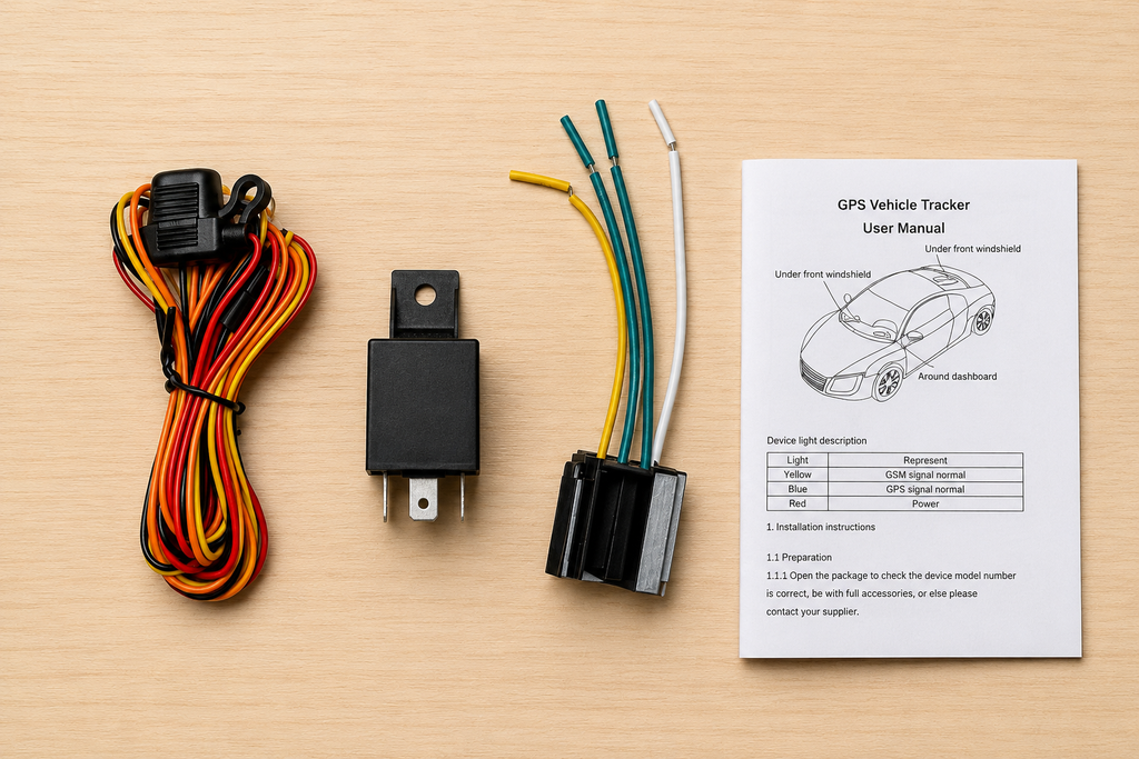 GPS vehicle tracker components with wiring harness and user manual on a wooden surface